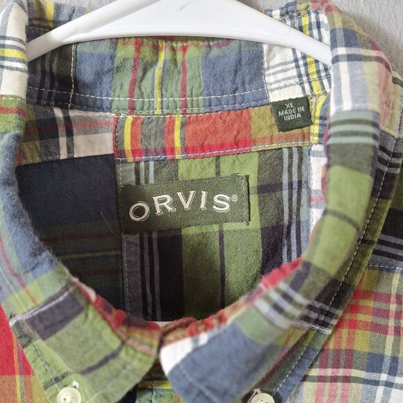 Orvis Patchwork Shirt Mens XL Indian Madras Plaid Short Sleeve Button Cotton EUC - Picture 3 of 7